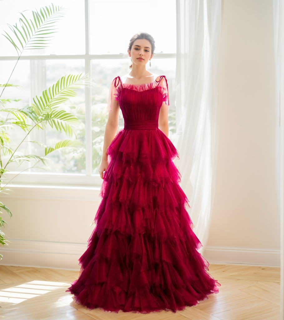 SelenaHuanStudio spaghetti-strap prom dress with pleated bodice, ruffle layered soft tulle tutu, elegant formal evening gown