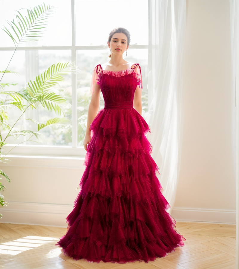 SelenaHuanStudio spaghetti-strap prom dress with pleated bodice, ruffle layered soft tulle tutu, elegant formal evening gown