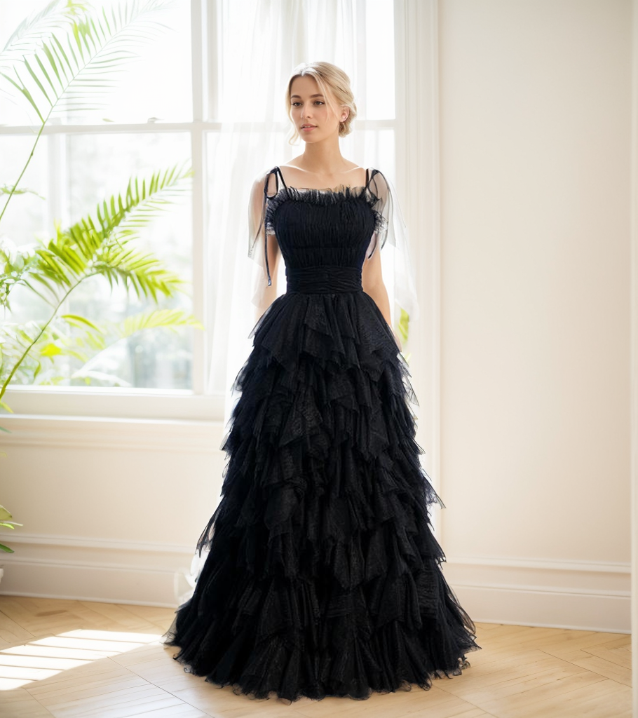 SelenaHuanStudio spaghetti-strap prom dress with pleated bodice, ruffle layered soft tulle tutu for formal occasions
