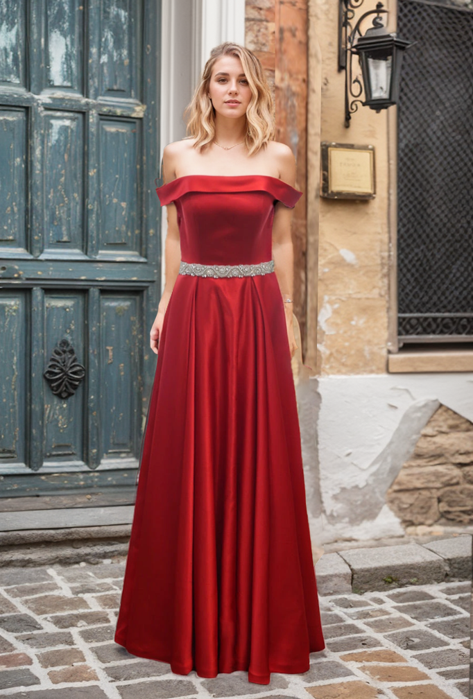 Ruby red off-shoulder A-line prom dress with crystal beaded sash, soft satin fabric, designed by SelenaHuanStudio.