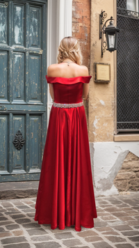 Ruby red off-shoulder A-line prom dress with crystal beaded sash, soft satin fabric, by SelenaHuanStudio.