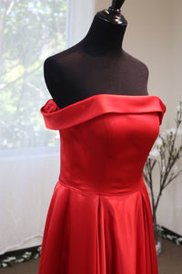 Off-shoulder ruby red satin prom dress with crystal beaded sash, A-line style, by SelenaHuanStudio, shown on a model.