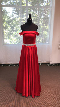 Off-shoulder ruby red satin prom dress with an A-line silhouette and crystal beaded sash, designed by SelenaHuanStudio.