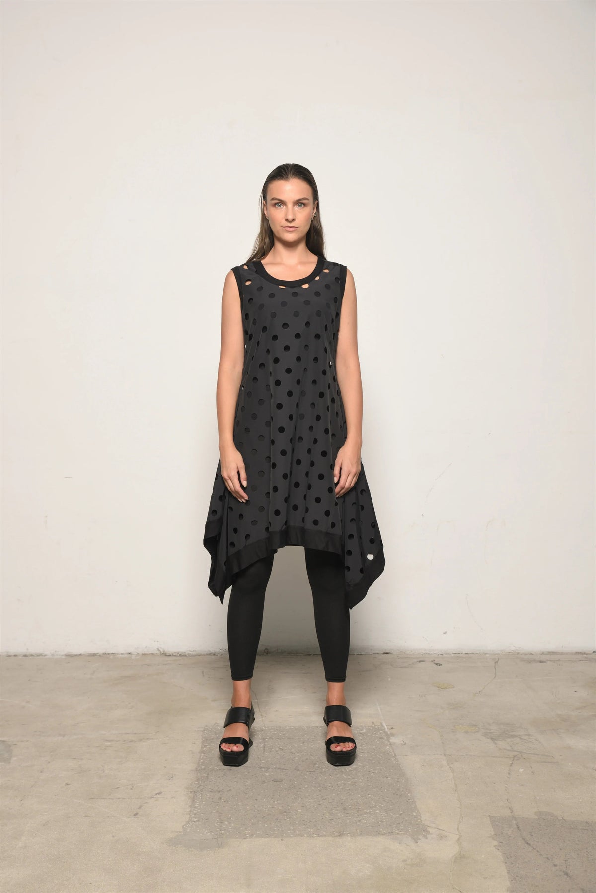 Perforated tunic dress by SIMPLY MILA, modern women's clothing with breathable perforated fabric and relaxed fit.