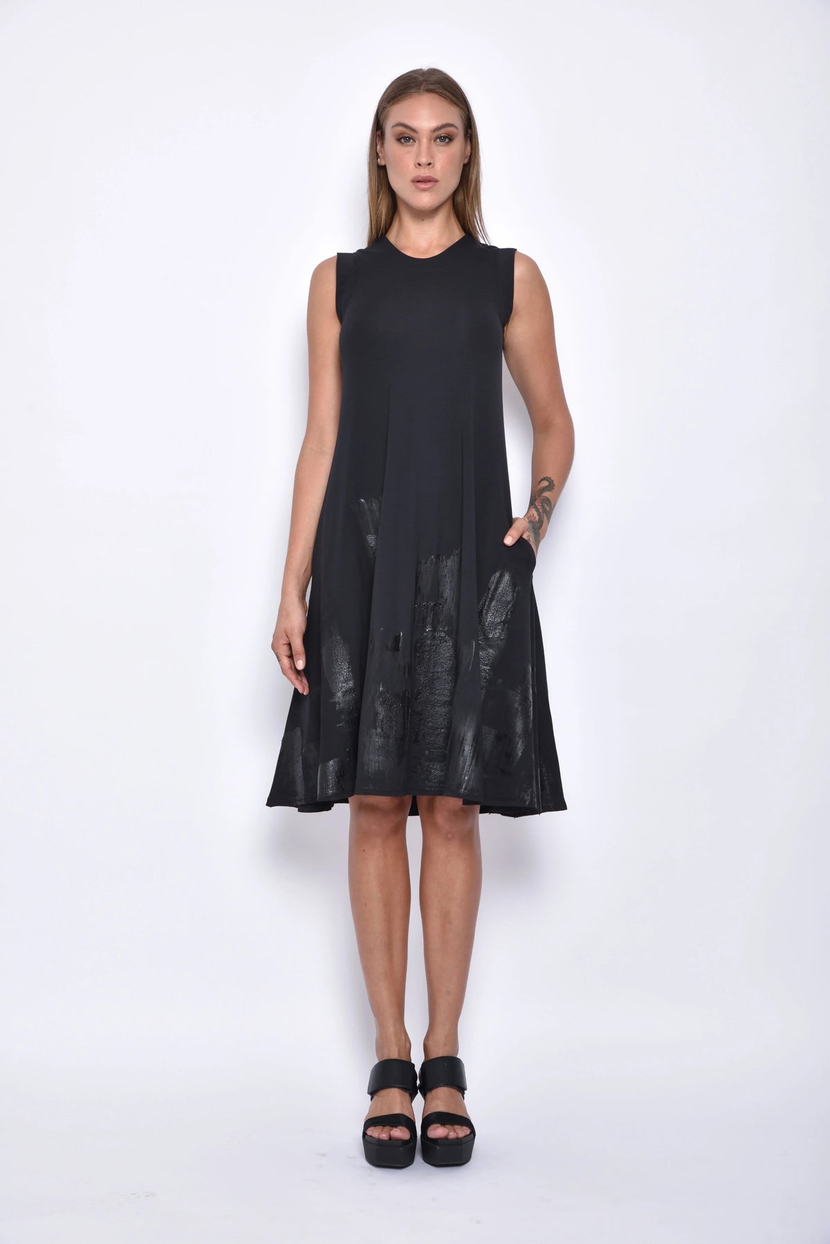 Front view of the Skycraper dress by SIMPLY MILA Modern Women's Clothing, showcasing its stylish design and fitted silhouette.