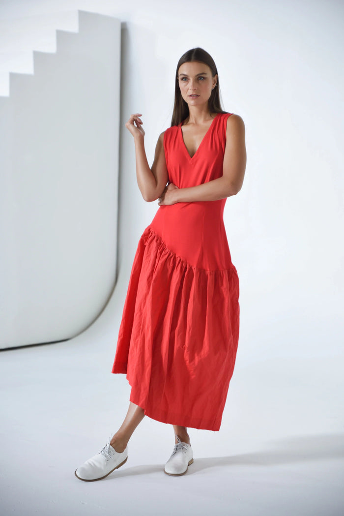 Red Amman dress by SIMPLY MILA Modern Women's Clothing, featuring a stylish and comfortable design for modern women.
