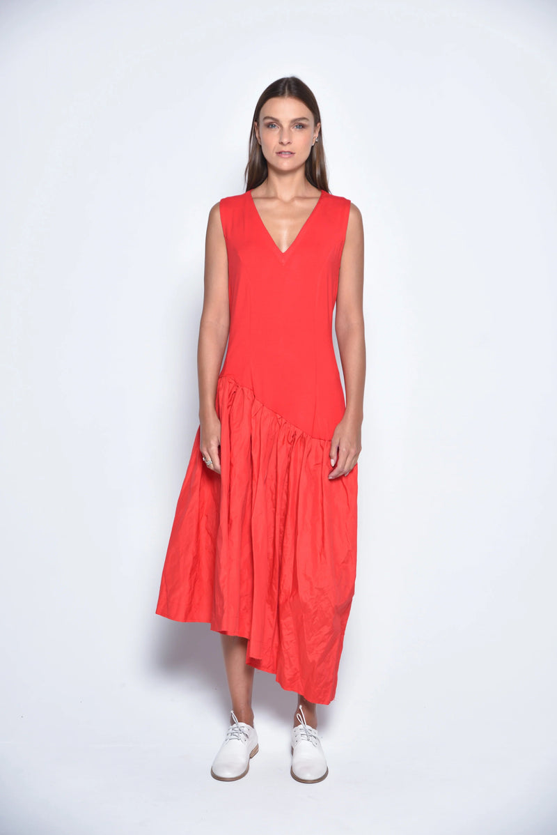 Red Amman dress by SIMPLY MILA, modern women's clothing, featuring a stylish and comfortable dress with a flowing silhouette.