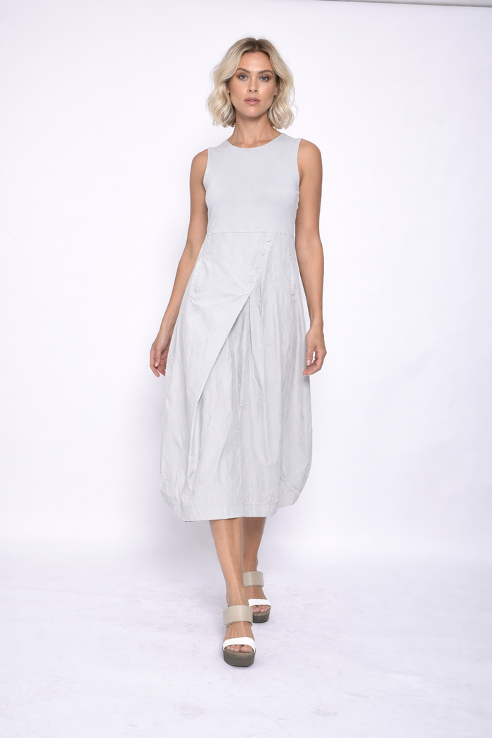 Sleeveless errand dress by SIMPLY MILA, casual women's dress in lightweight fabric, shown hanging on a hanger.