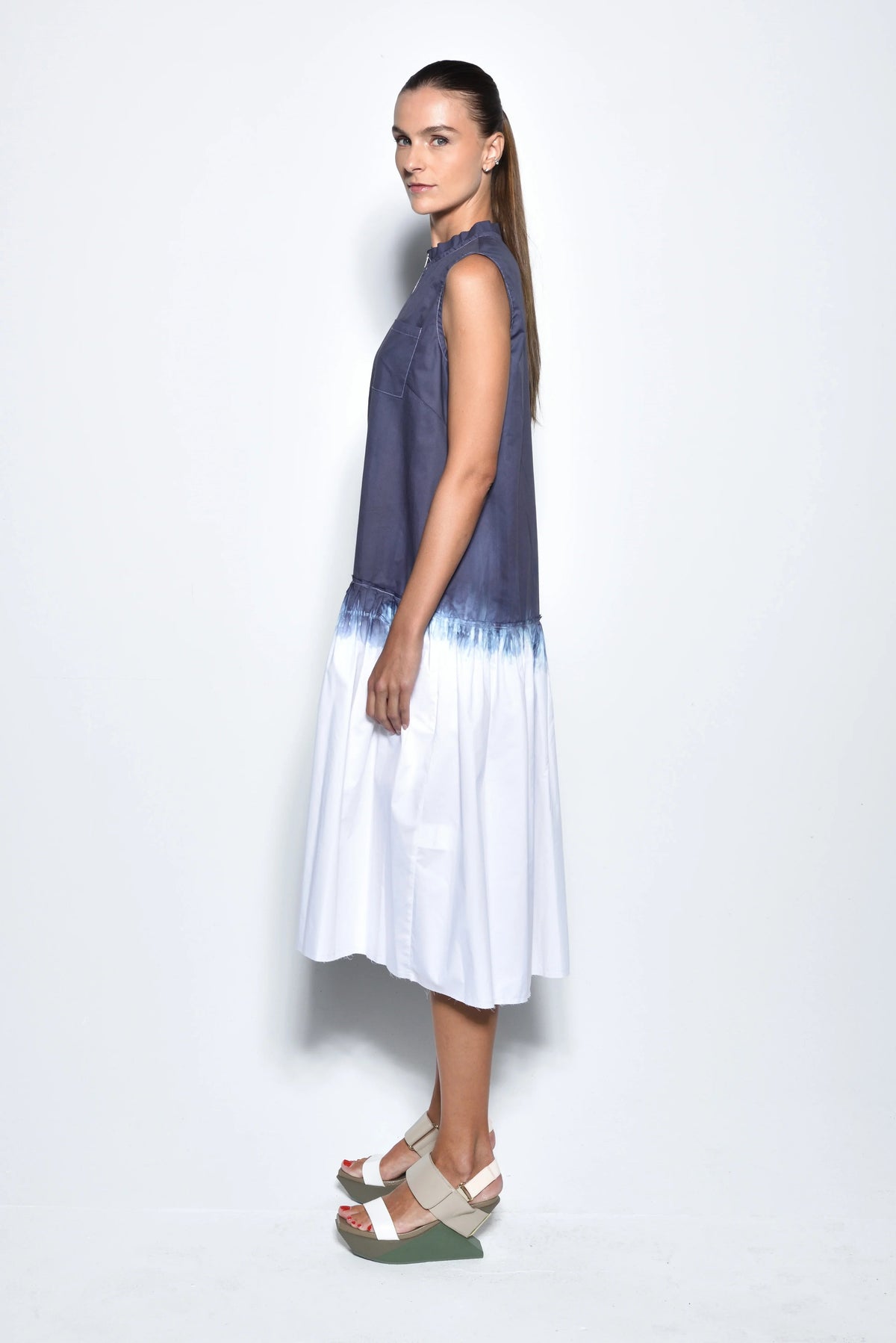 Side view of a SIMPLY MILA Ombre Sahara dress, flowing dress with gradient colors, sleeveless design, perfect for modern women's fashion.