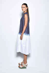 Side view of a SIMPLY MILA Ombre Sahara dress, flowing dress with gradient colors, sleeveless design, perfect for modern women's fashion.
