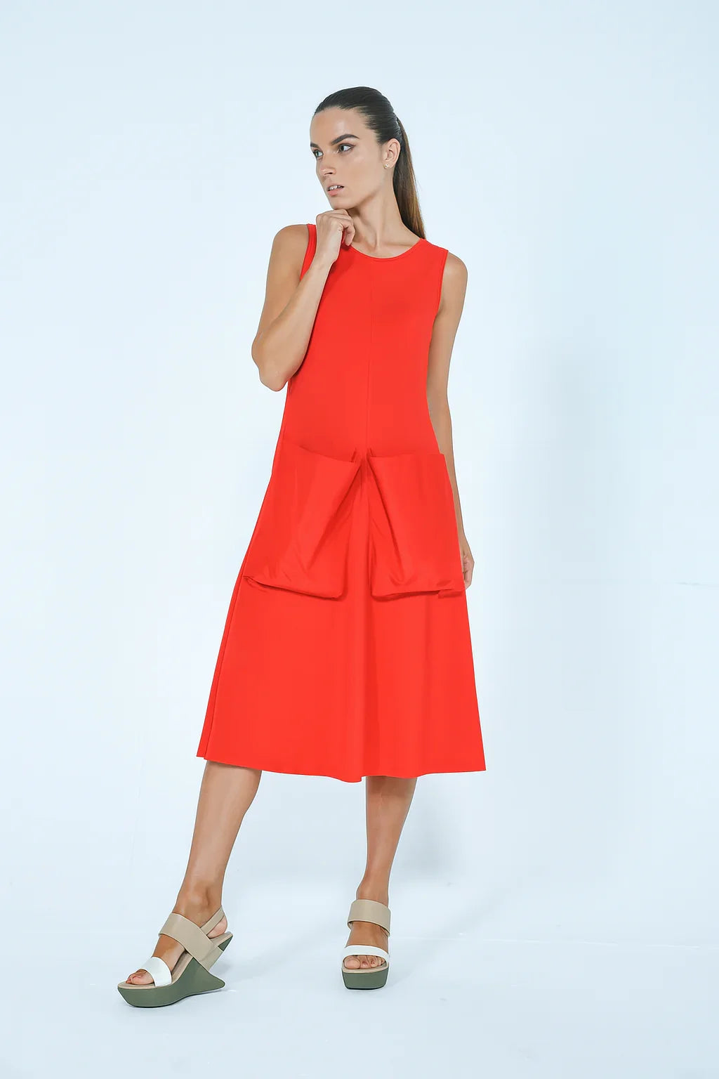 Red Big Pocket dress by SIMPLY MILA, a modern women's dress with large front pockets, stylish and comfortable for casual wear.