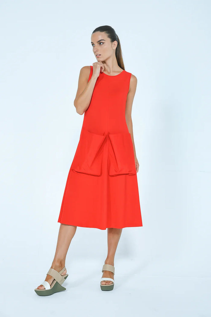 Red Big Pocket dress by SIMPLY MILA, a modern women's dress with large front pockets, stylish and comfortable for casual wear.