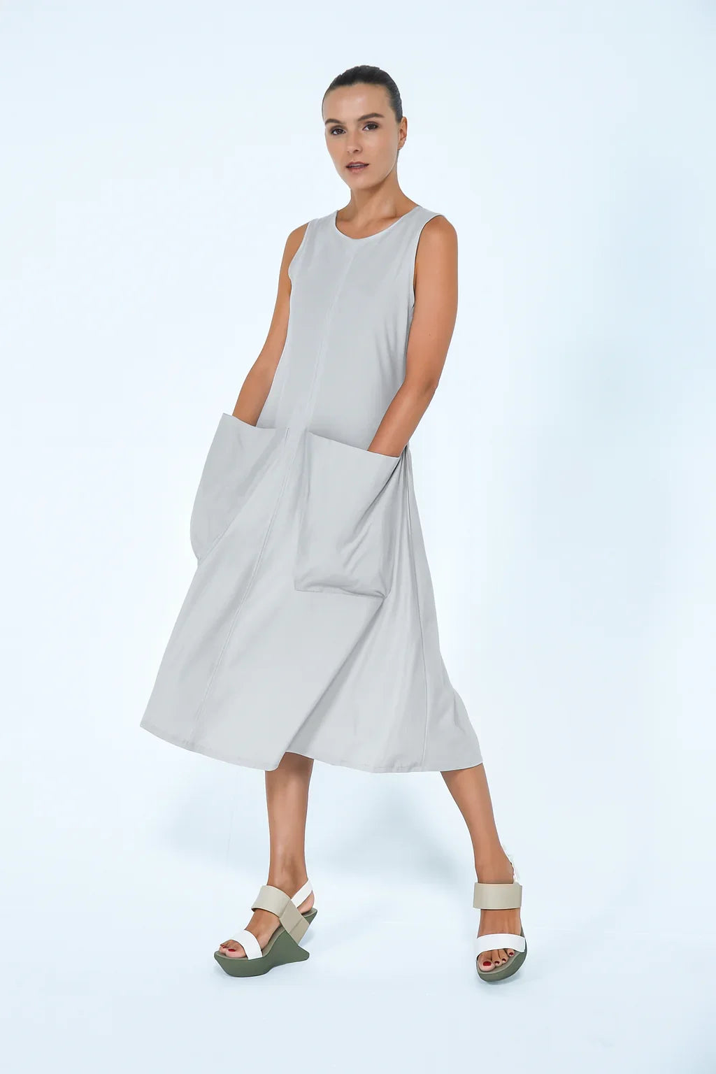 Silver Big Pocket dress by SIMPLY MILA Modern Women's Clothing, featuring a stylish design with large pockets.