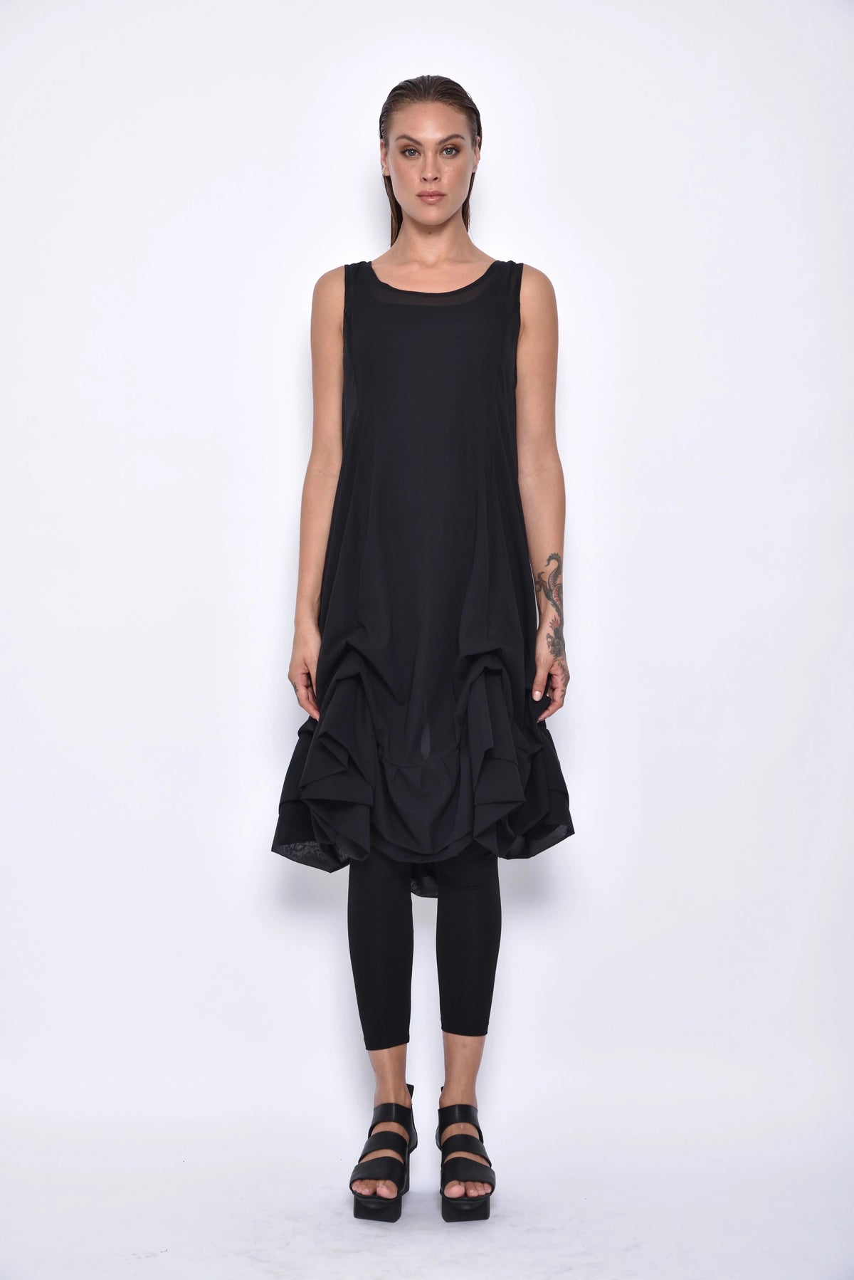 Front view of a stylish Aura dress by SIMPLY MILA Modern Women's Clothing, showcasing its elegant design and fit.