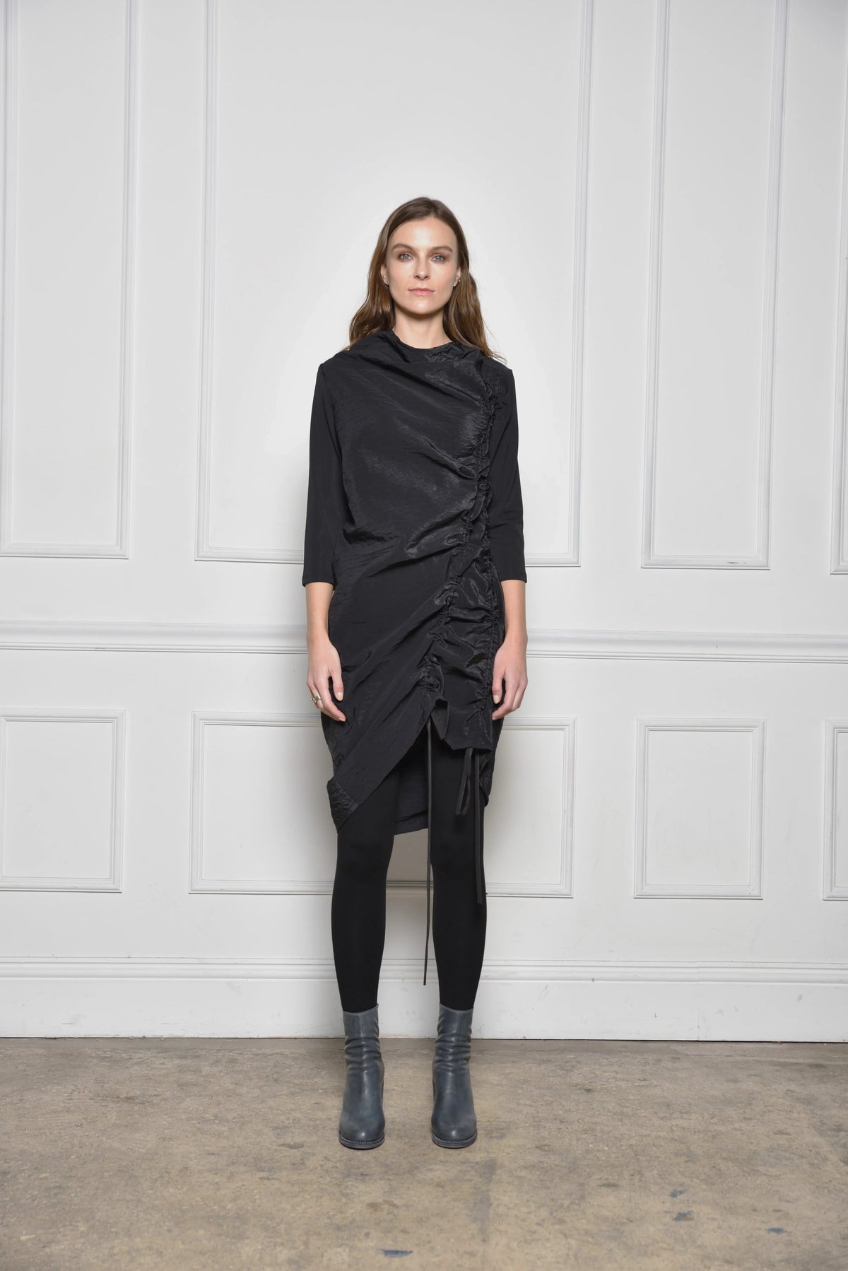 Elegant double ruch dress from SIMPLY MILA Modern Women's Clothing, featuring stylish fabric and a flattering fit.