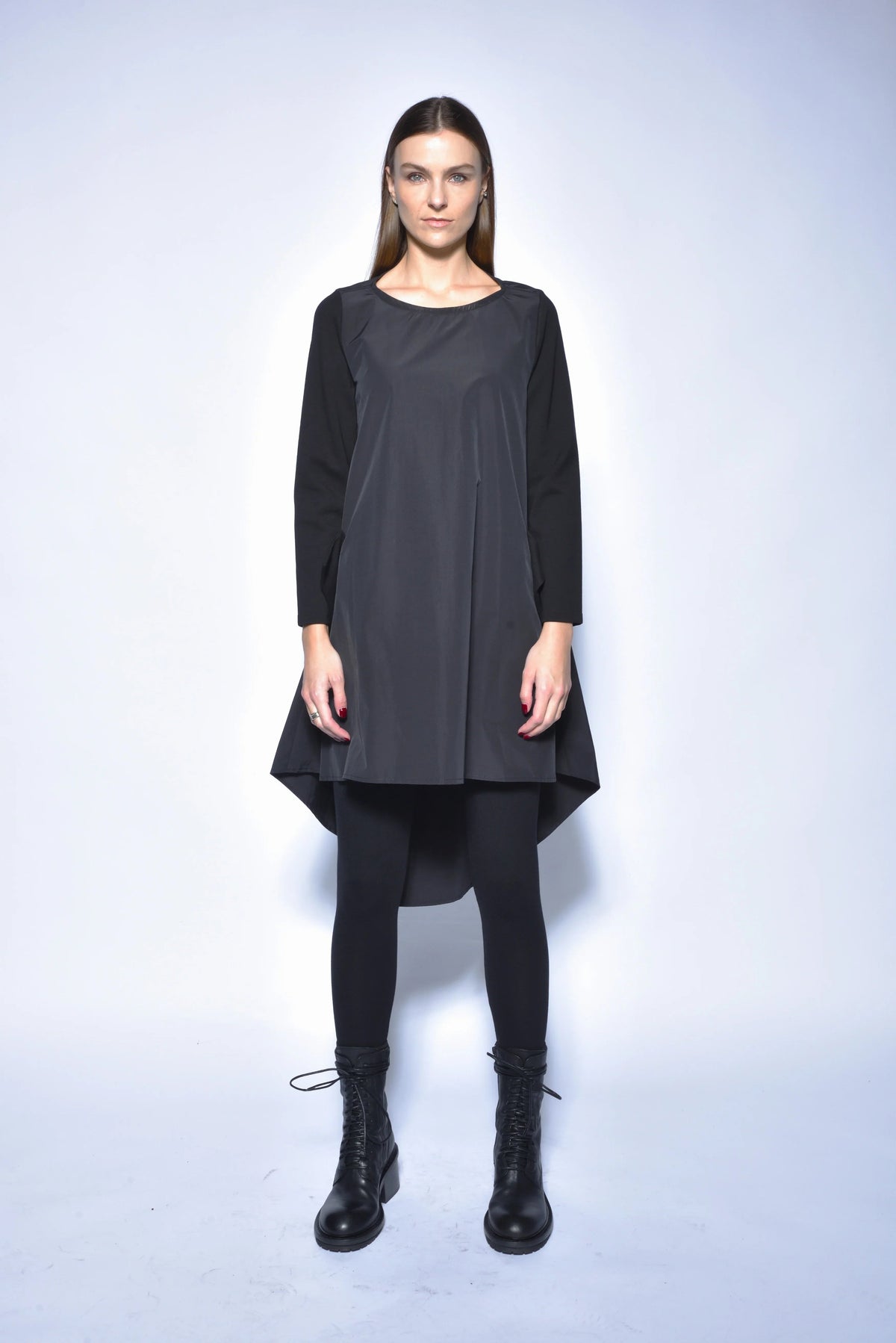 Elegant high-low tunic dress from SIMPLY MILA, featuring a flowing silhouette and modern design, perfect for casual or dressy occasions.