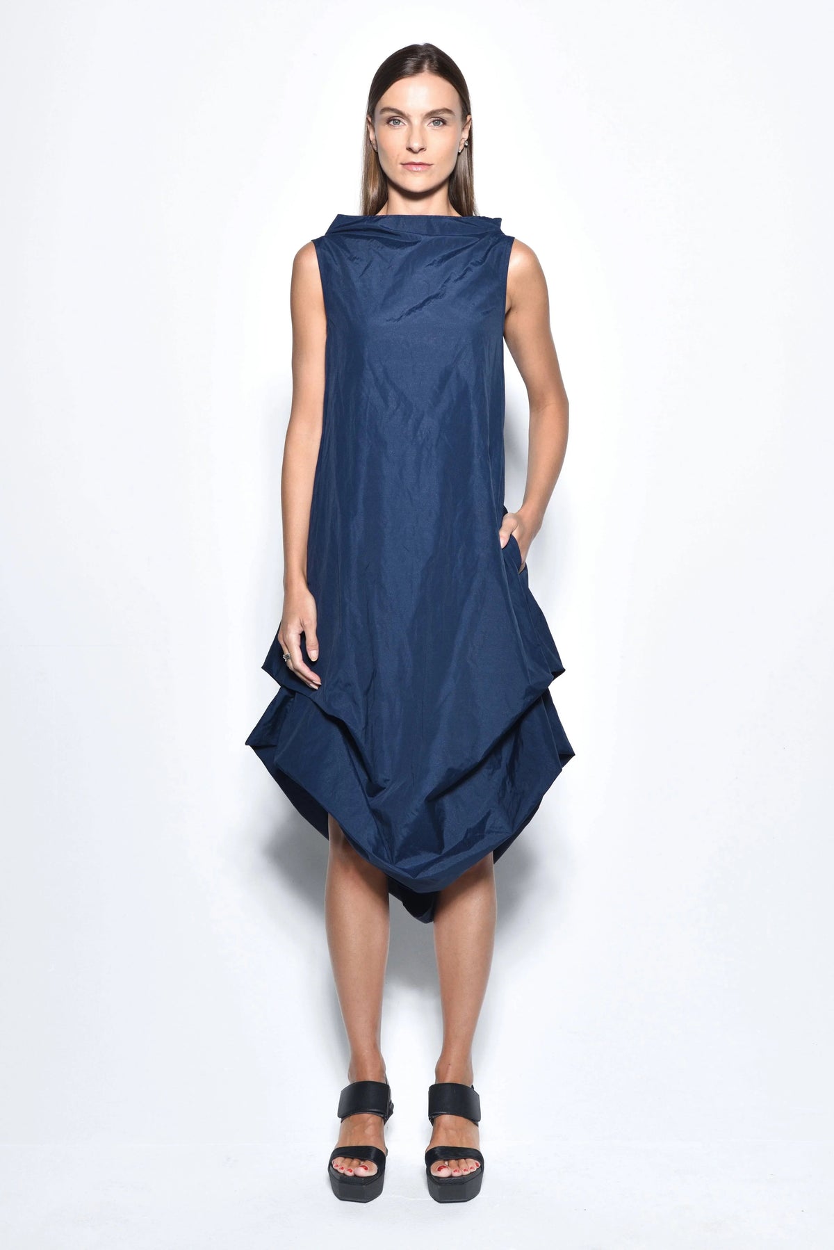 Simply Mila Imperial dress in midnight color, front view, elegant women’s dress with a fitted silhouette and stylish design.