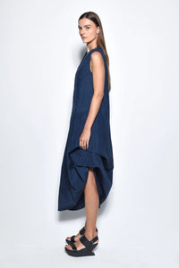 Side view of a midnight-colored Imperial dress by SIMPLY MILA Modern Women's Clothing, showcasing its elegant fit and fabric details.