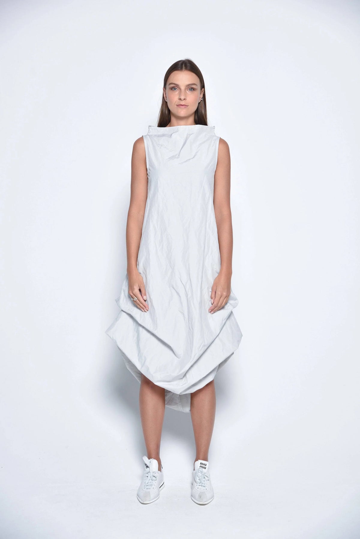 Silver Imperial dress by SIMPLY MILA Modern Women's Clothing, front view showing elegant design and fabric details.