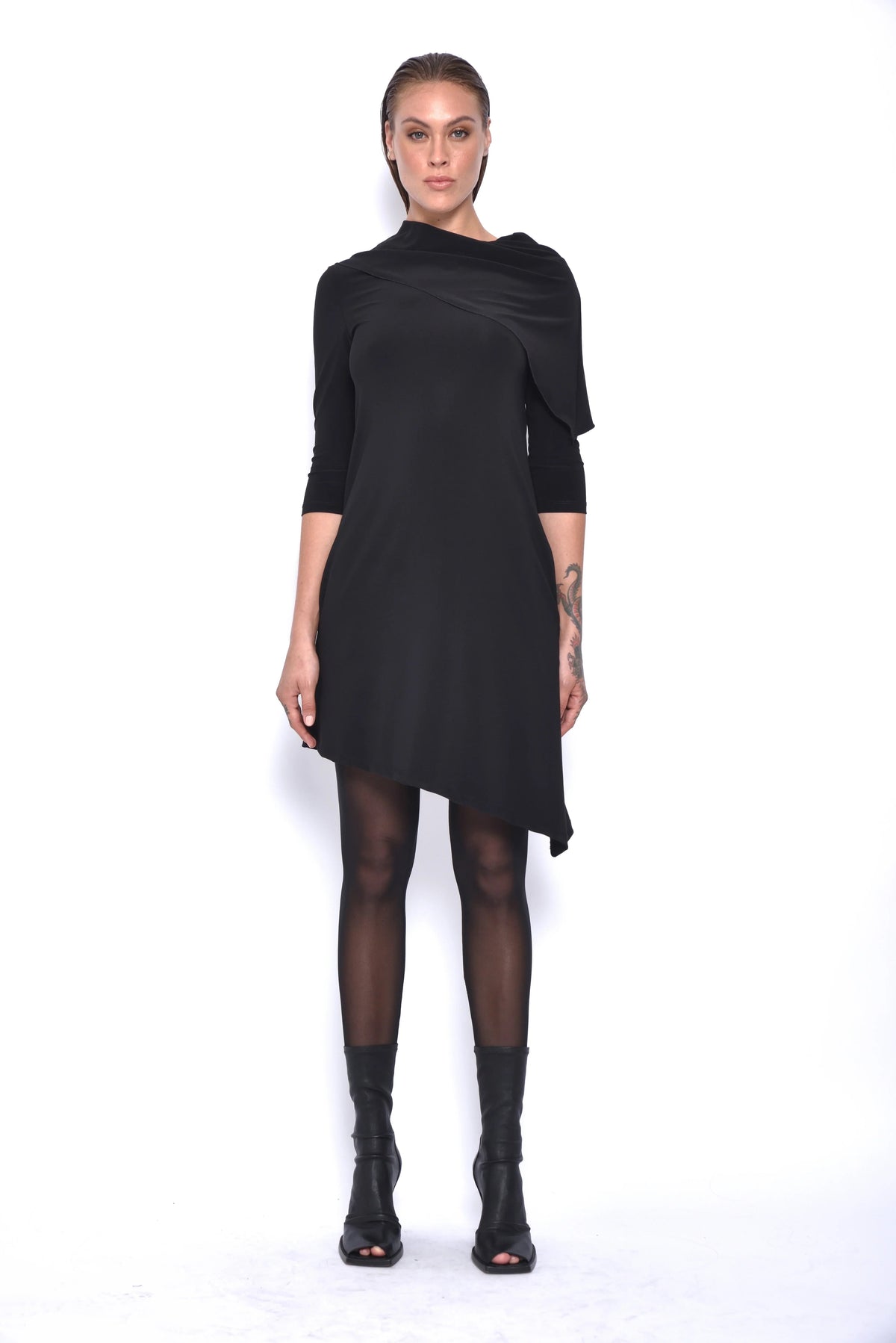 Front view of the Selene dress by SIMPLY MILA, featuring a stylish modern women's dress with a fitted silhouette and elegant design.