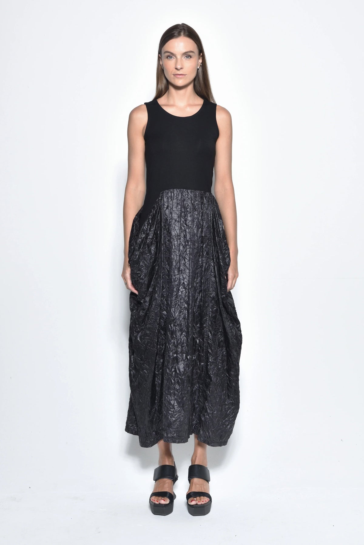 Front view of a sleeveless Hydra dress by SIMPLY MILA, featuring a stylish modern design for women's casual wear.