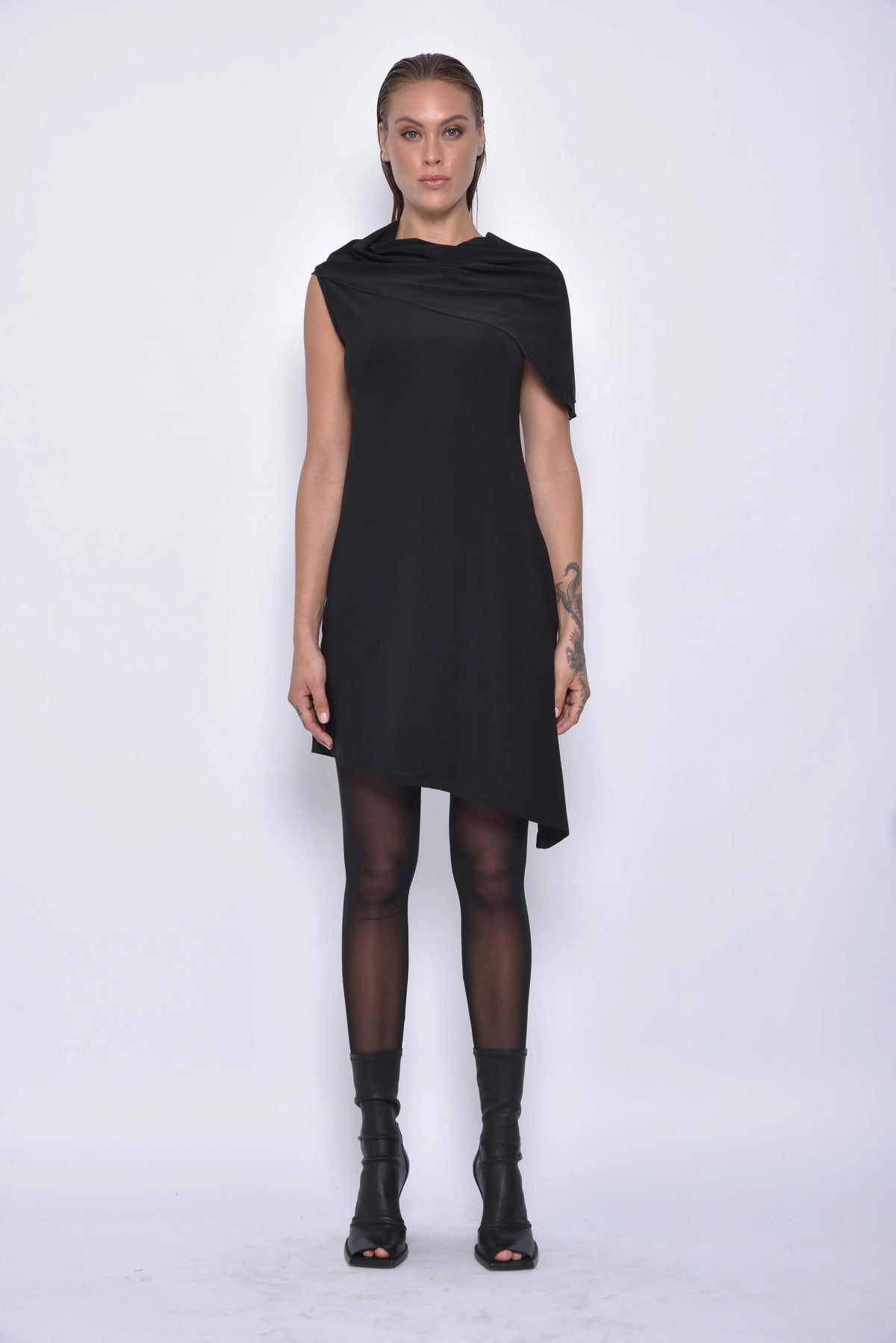 Sleeveless Selene dress by SIMPLY MILA Modern Women's Clothing, front view showing elegant design and lightweight fabric.