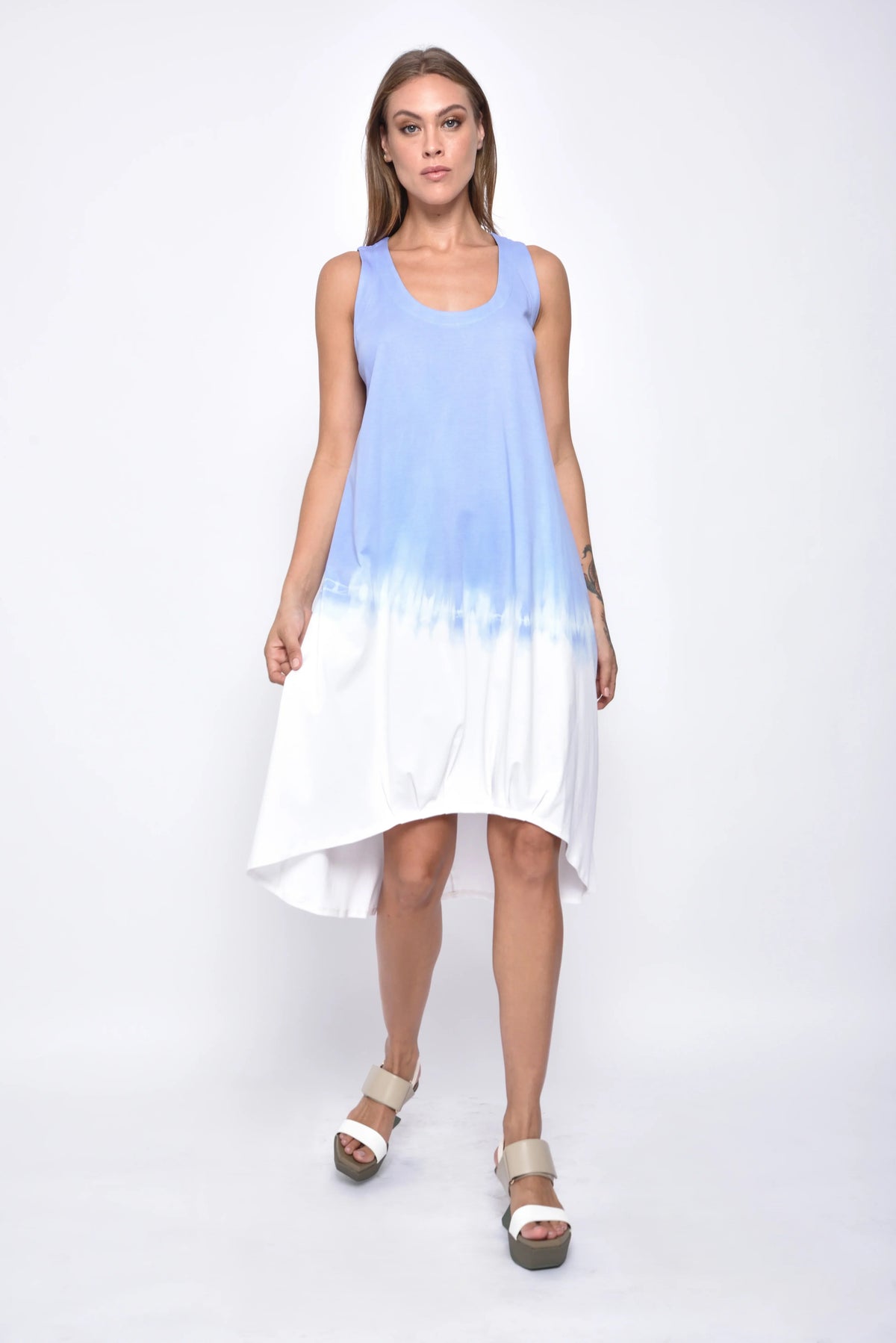 Front view of the Maia Ombre dress by SIMPLY MILA, featuring a flowing silhouette with a gradient ombre pattern in modern women's dress style.