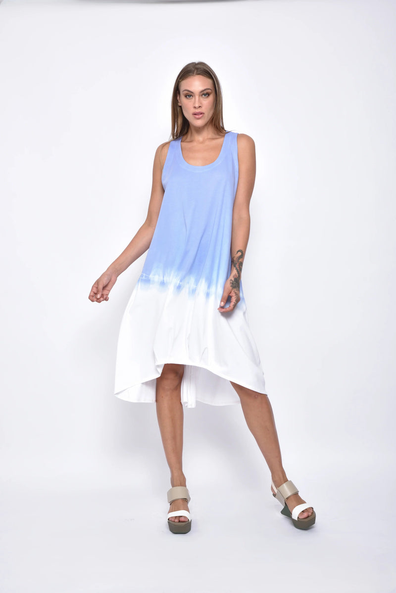 Front view of the Maia Ombre dress by SIMPLY MILA Modern Women's Clothing, showcasing its flowing design and gradient color pattern.