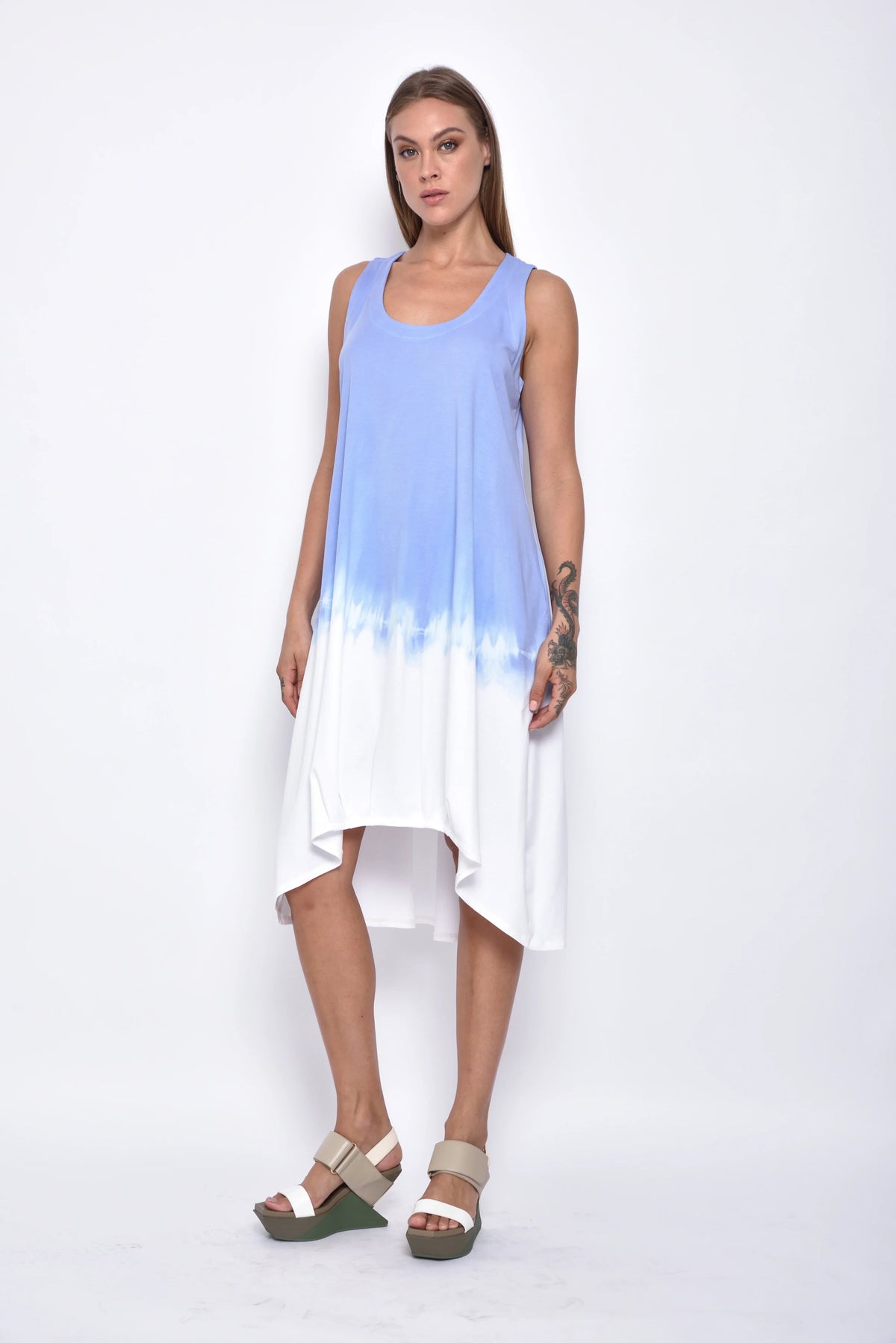 Front view of the Maia Ombre dress by SIMPLY MILA, featuring a flowing fabric with a gradient color transition.