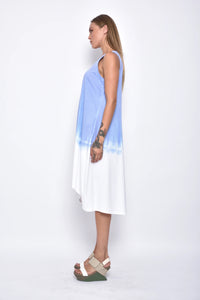 Side view of a Maia Ombre dress by SIMPLY MILA Modern Women's Clothing, featuring a flowing silhouette and gradient color design.