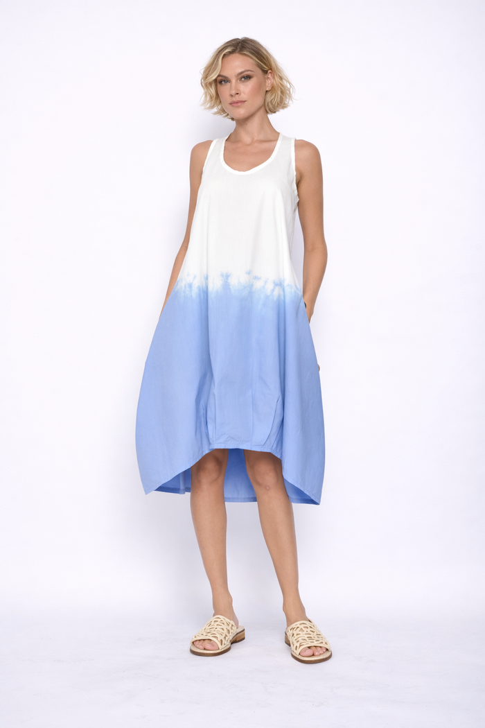 Katherine Ombre dress by SIMPLY MILA, sleeveless midi dress with a gradient ombre pattern in soft pastel hues, flowing fabric.