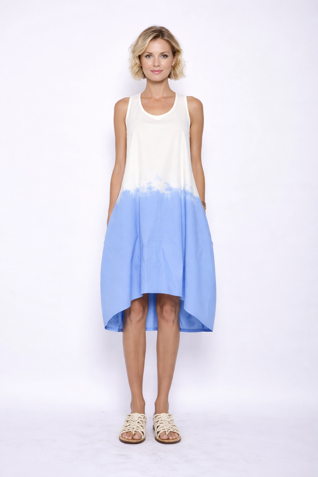 Katherine Ombre dress by SIMPLY MILA, sleeveless women's dress with a gradient ombre design, flowing fabric and knee-length cut.