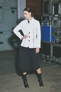 Light gray Baste Stitch Jacket by SIMPLY MILA Modern Women's Clothing, featuring stitch detailing and a stylish fit.