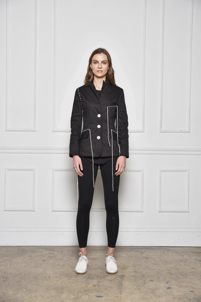 Simple black Baste Stitch jacket by SIMPLY MILA, modern women's clothing, featuring detailed stitching and tailored fit.
