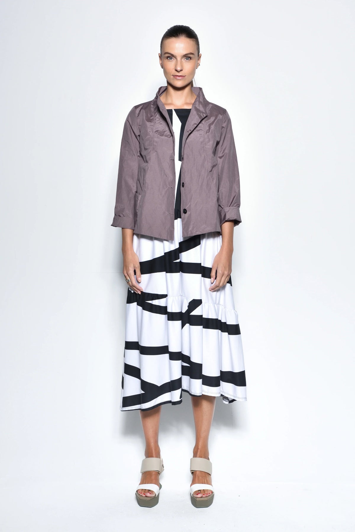 Gray Tokyo Jacket by SIMPLY MILA Modern Women's Clothing, stylish lightweight outerwear with a sleek design and comfortable fit.