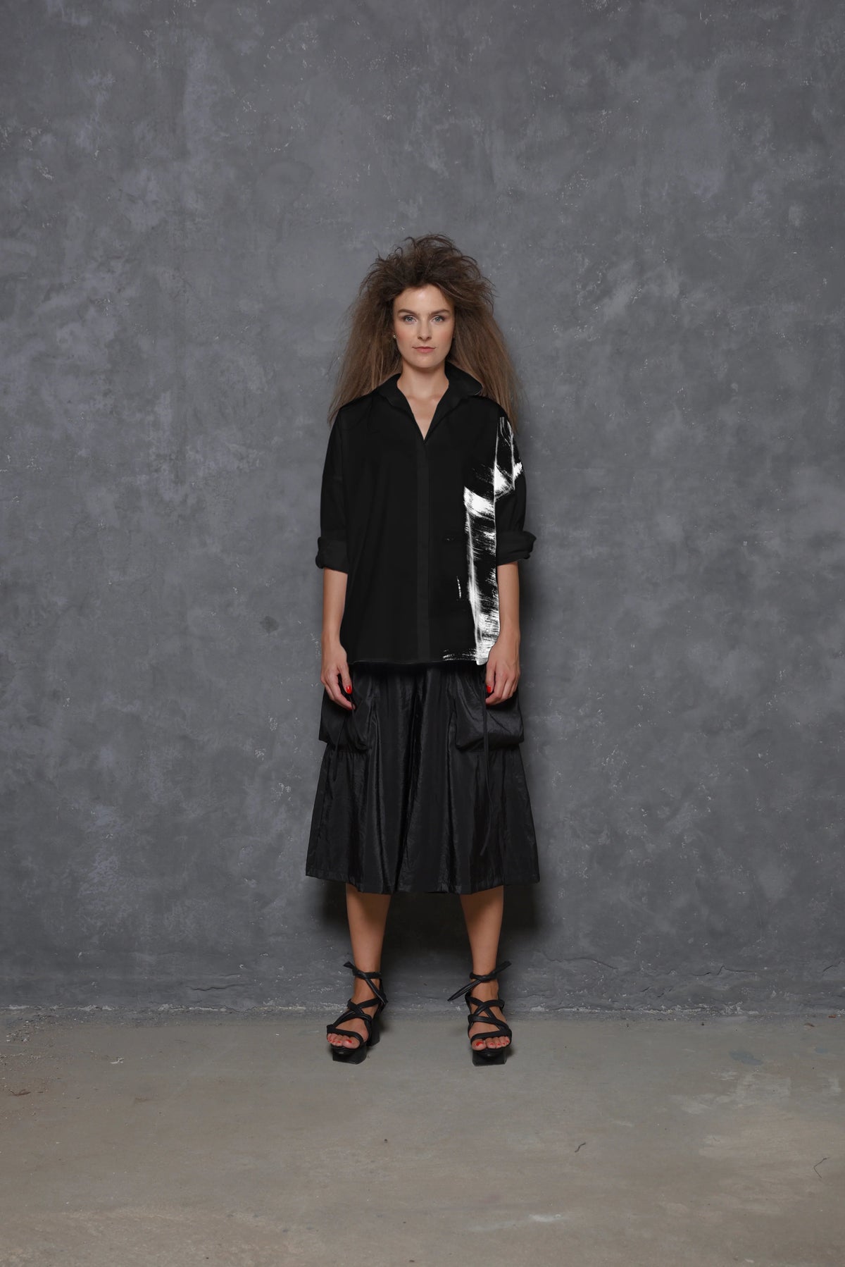 Black Stroke Boxy Shirt by SIMPLY MILA, modern women's shirt with a relaxed fit and stylish silhouette, front view.