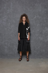 Black Stroke Boxy Shirt by SIMPLY MILA, modern women's shirt with a relaxed fit and stylish silhouette, front view.