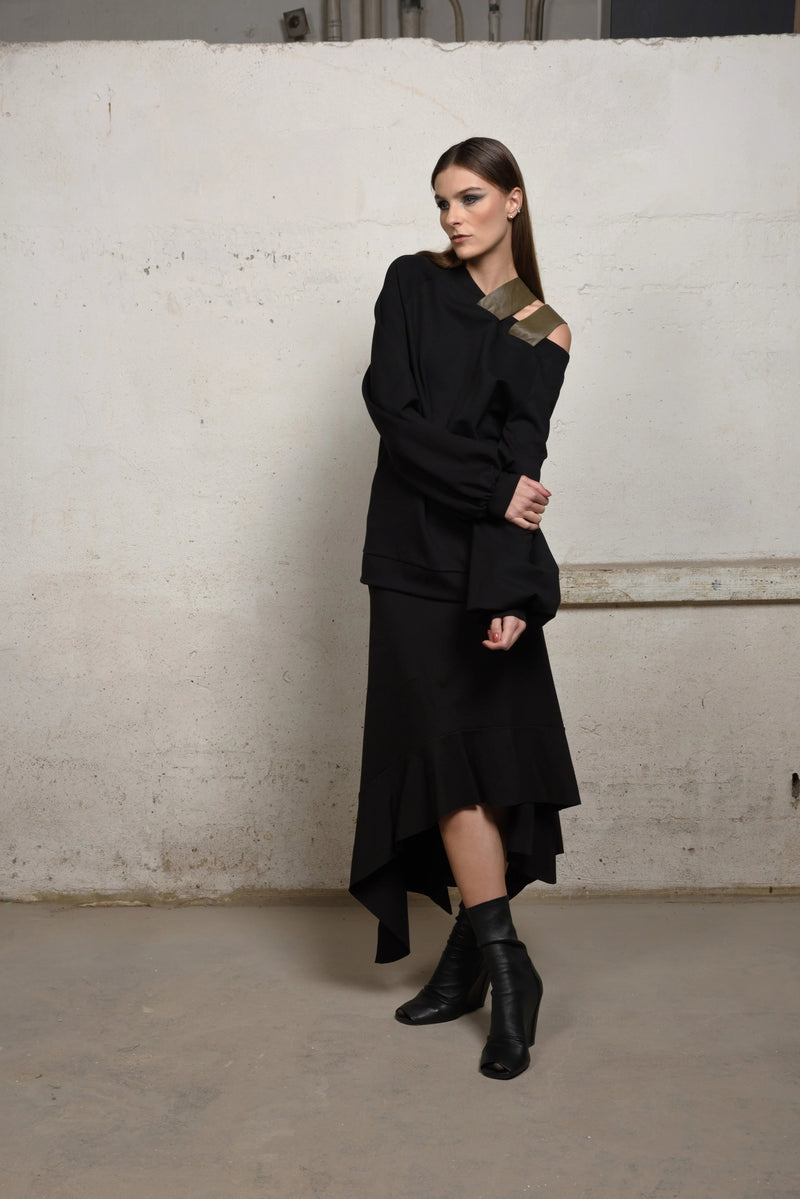 Asymmetrical sweater by Simply Mila, modern women's clothing, featuring a stylish, unique design in soft knit fabric.