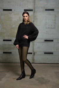 Gray asymmetrical sweater by Simply Mila, modern women's clothing, featuring a stylish uneven hem and cozy knit texture.
