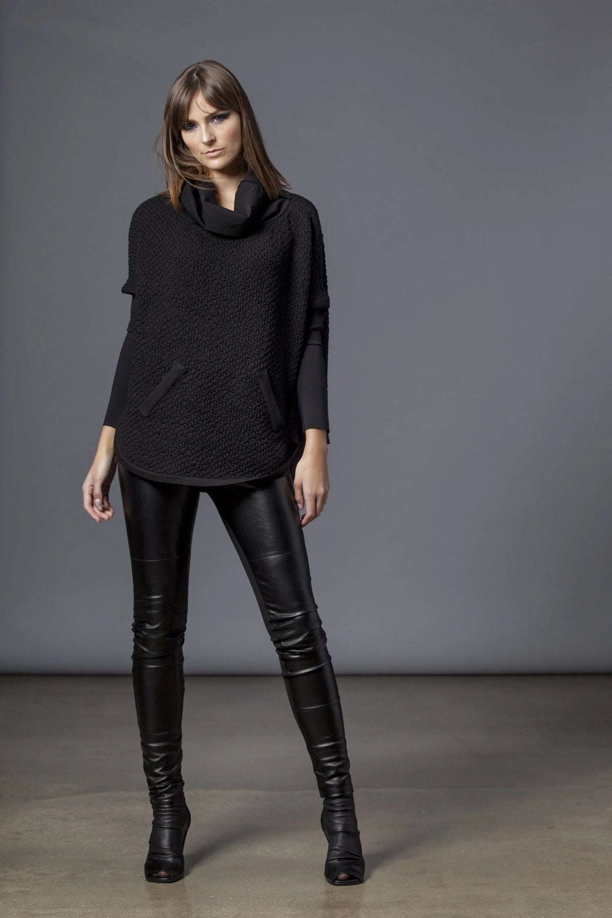 Light gray Texture Cowl Sweater for women by SIMPLY MILA, featuring a cozy cowl neck and textured knit fabric.