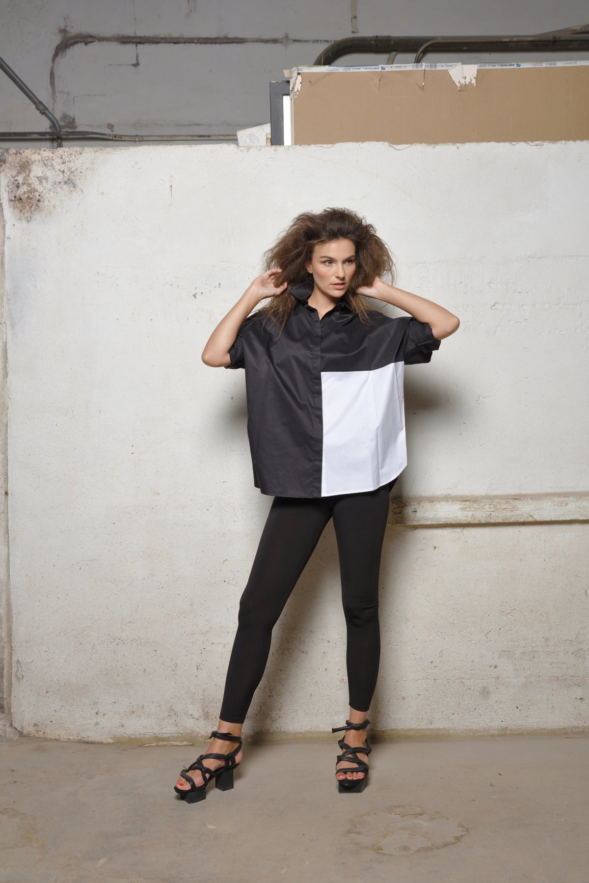 Two-tone boxy shirt from SIMPLY MILA Modern Women's Clothing, featuring a relaxed fit and stylish color-block design.