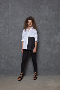 Two-tone boxy shirt from SIMPLY MILA Modern Women's Clothing, featuring a relaxed fit and stylish color blocking.