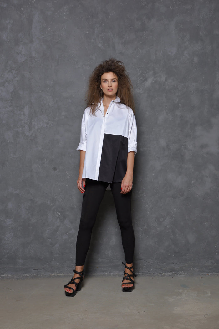 Two-tone boxy shirt from SIMPLY MILA Modern Women's Clothing, featuring a relaxed fit and stylish color blocking.