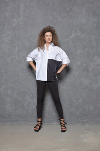 Two-tone boxy shirt by SIMPLY MILA, modern women's top with a relaxed fit and stylish color blocking, displayed on a model.