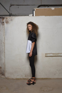 Two-tone boxy shirt from SIMPLY MILA Modern Women's Clothing, featuring a relaxed fit and stylish color-block design.