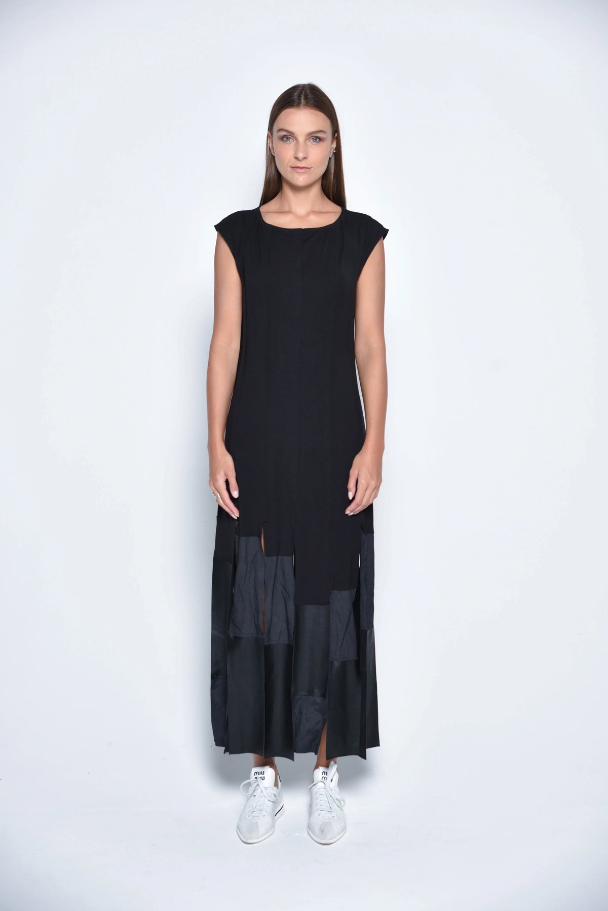 SIMPLY MILA Modern Women's Motion Panel Maxi Dress, stylish tops with flowing fabric and color blocking design.