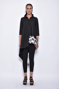 Front view of a stylish asymmetrical tunic shirt by SIMPLY MILA, featuring modern women's top with unique hemline and comfortable fit.