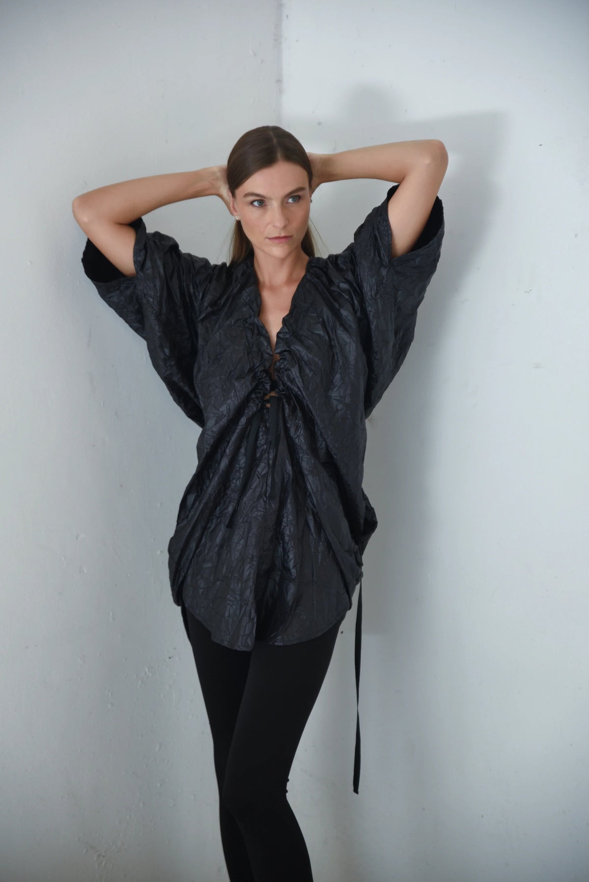 Light blue Mykonos Tunic top by SIMPLY MILA featuring short sleeves and a relaxed fit, perfect for casual summer wear.