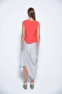 Red uneven hem tank top by SIMPLY MILA Modern Women's Clothing, sleeveless with a stylish asymmetrical hem.