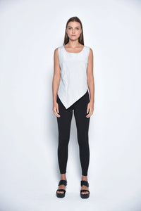 Silver uneven hem tank top from SIMPLY MILA Modern Women's Clothing, front view showing stylish asymmetrical hem and sleeveless design.